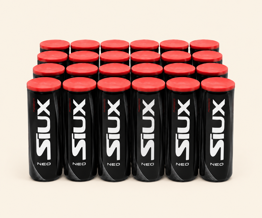 Siux NEO Padel Balls - 24 Tube Box on warm cream background