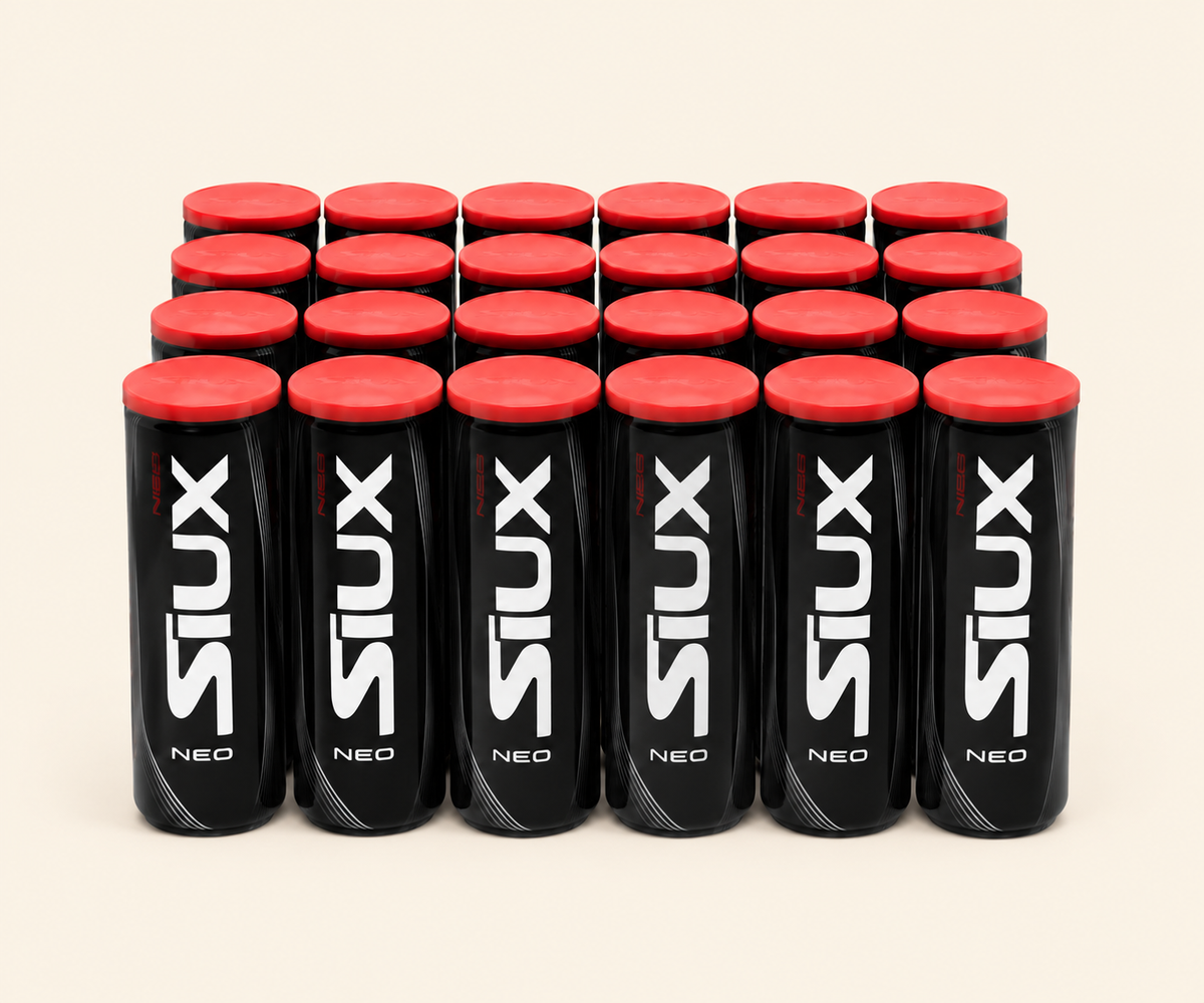 Siux NEO Padel Balls - 24 Tube Box on warm cream background