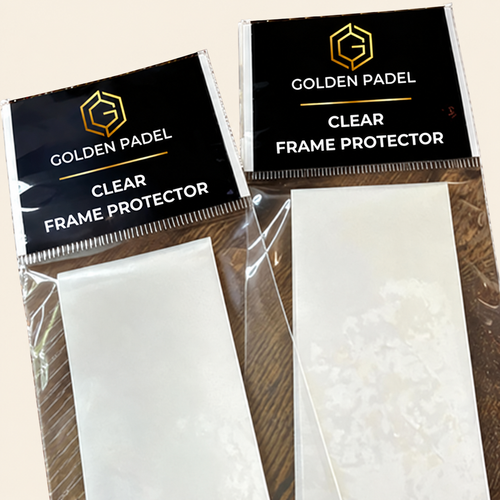 Golden Padel clear frame protector twin pack on warm cream background